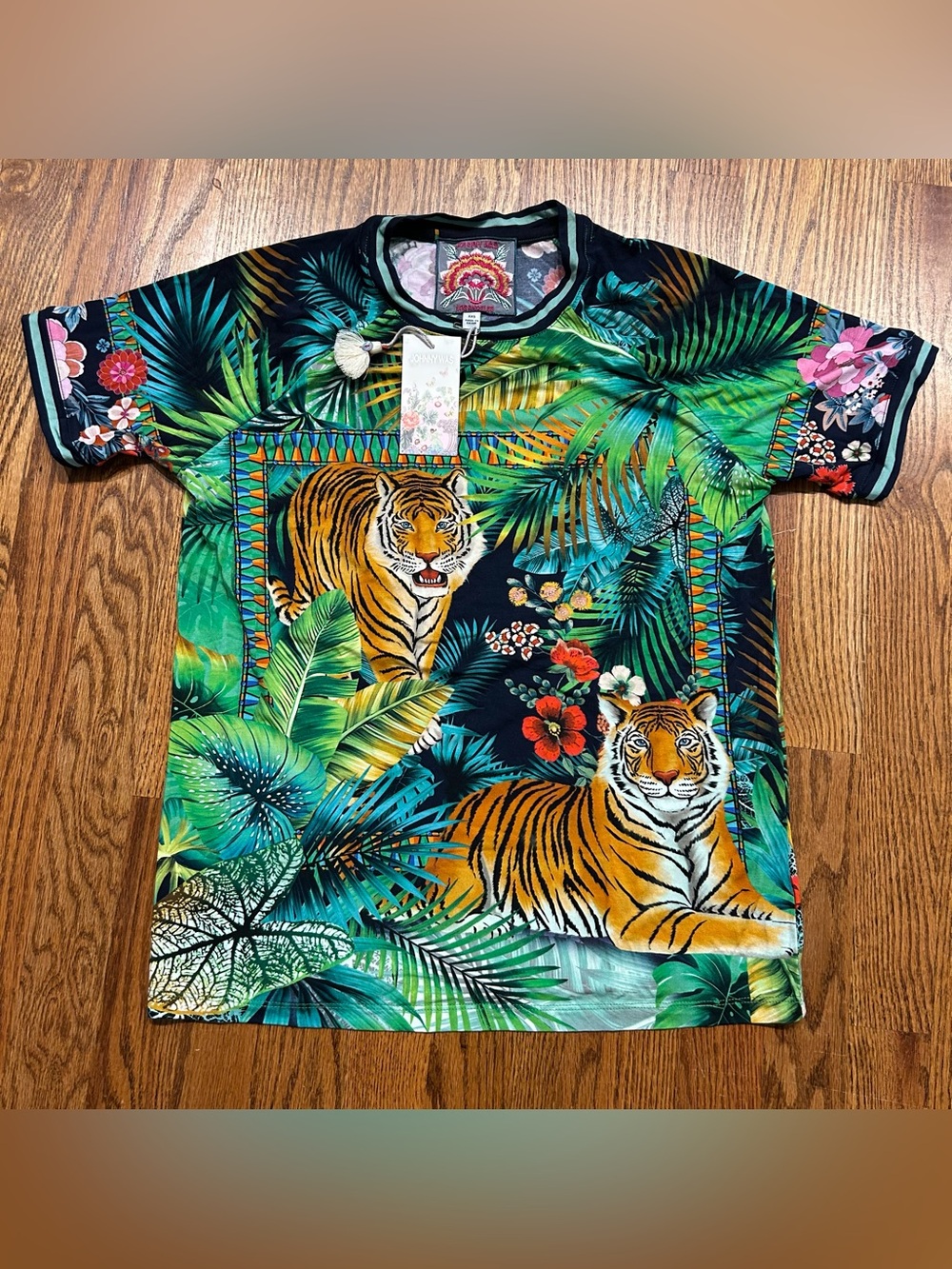 Johnny Was Janie Favorite Raglan Tee Tigres Tiger Green Blue Top Shirt XXS